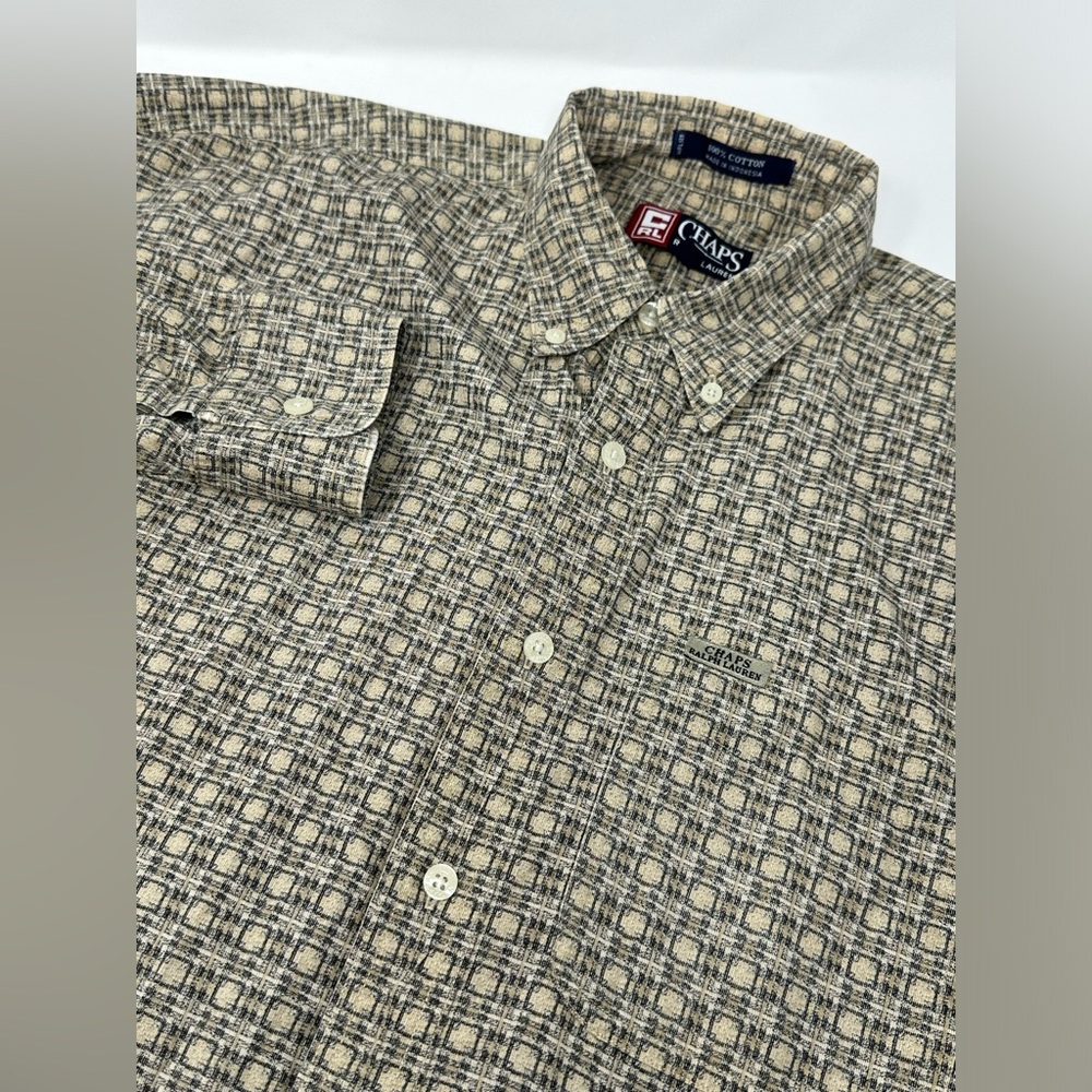 VTG 90s Chaps Ralph Lauren Shirt Mens Sz M Tan Geometric Plaid R7